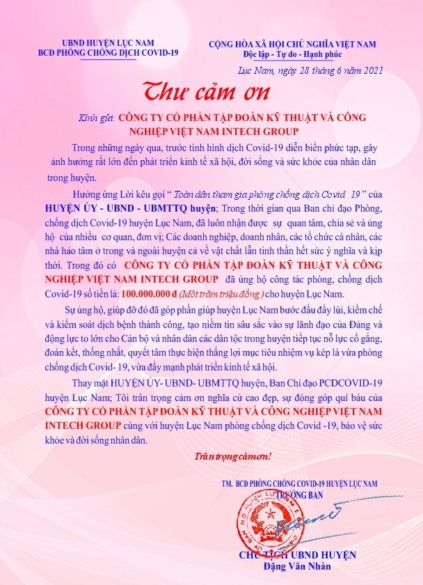 luc nam district committee  bac giang  sent a letter of thanks to intech group for supporting the cost of covid 19 epidemic prevention